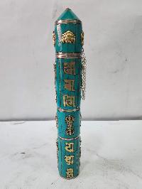 Hand Beaten Metal Incense Holder, Ashtamangala, Turquoise Setting