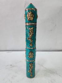Hand Beaten Metal Incense Holder, Ashtamangala, Turquoise Setting
