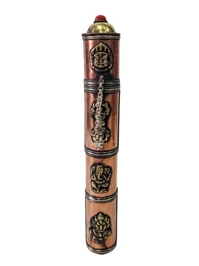Hand Beaten Metal Incense Holder, Ashtamangala, Stone Setting