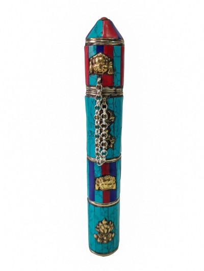 Hand Beaten Metal Incense Holder, Ashtamangala, Stone Setting