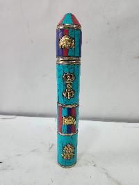 Hand Beaten Metal Incense Holder, Ashtamangala, Stone Setting