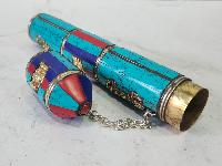Hand Beaten Metal Incense Holder, Ashtamangala, Stone Setting