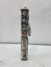 Hand Beaten Metal Incense Holder, Ashtamangala, Stone Setting