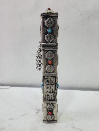 Hand Beaten Metal Incense Holder, Ashtamangala, Stone Setting