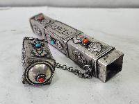 Hand Beaten Metal Incense Holder, Ashtamangala, Stone Setting
