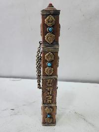 Hand Beaten Metal Incense Holder, Ashtamangala, Stone Setting