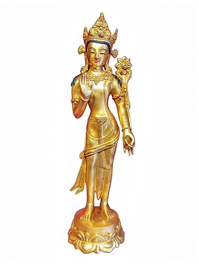Buddhist Handmade Statue Of Standing Padmapani Lokeshvara, [face Painted], [mercury Plated], [electroplating]