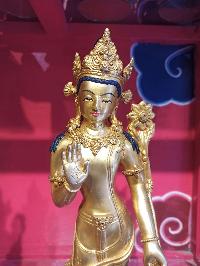 Buddhist Handmade Statue Of Standing Padmapani Lokeshvara, [face Painted], [mercury Plated], [electroplating]