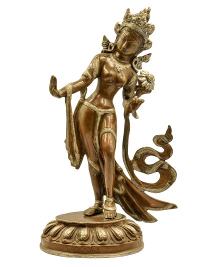 Buddhist Statue Of Standing Green Tara, [sand Casting], [chocolate Oxidized]