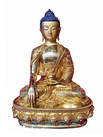 Buddhist Handmade Statue Of Shakyamuni Buddha, [face Painted], [gold Plated], [stone Setting]