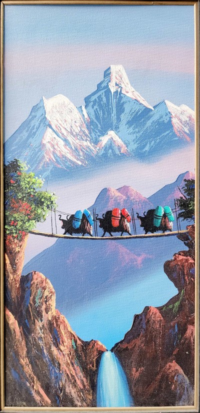 Painting Of Himalayan Region Lifestyle And Beautiful Ama Dablam Mountain [acrylic Color On Canvas], [washable]