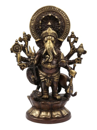 Buddhist Statue Of Eight Hand Ganesh, [sand Casting], [chocolate Oxidized]