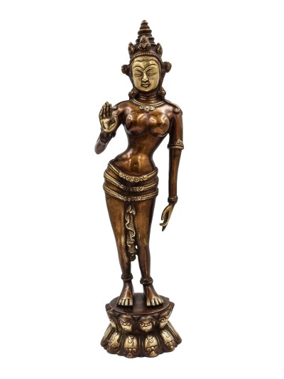 Buddhist Statue Of Standing Green Tara, [sand Casting], [chocolate Oxidized]