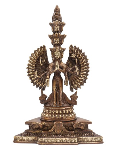 Buddhist Statue Of Sahasrabhuja Avalokitesvara, [sand Casting], [chocolate Oxidized]