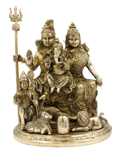 Nepali Statue Of Shiva And Parvati With Ganesh And Kumar Or Kartikeya, [sand Casting], Glossy Finishing