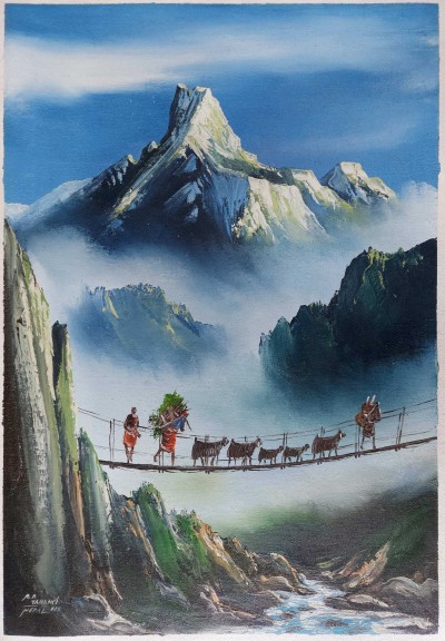 Painting Of Himalayan Region Lifestyle And Beautiful Fishtail Mountain [oil Color On Canvas]