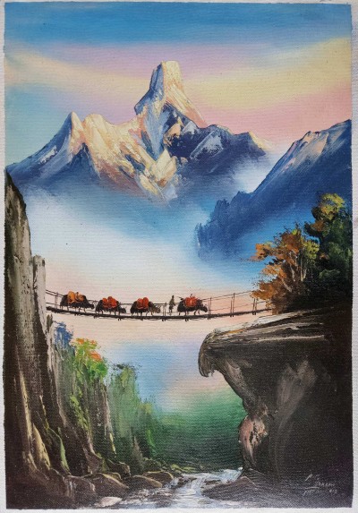 Painting Of Himalayan Region Lifestyle And Beautiful Ama Dablam Mountain [oil Color On Canvas]