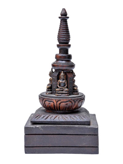 Buddhist Handmade Wooden Statue Of Stupa, With Amitabha Buddha, Wooden And Brass