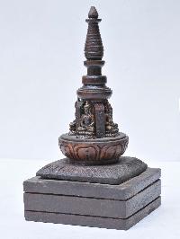 Buddhist Handmade Wooden Statue Of Stupa, With Amitabha Buddha, Wooden And Brass