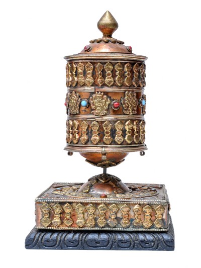 Buddhist Handmade Brass Table Prayer Wheel On Wooden Base With Ashtamangala, Stone Setting