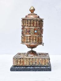 Buddhist Handmade Brass Table Prayer Wheel On Wooden Base With Ashtamangala, Stone Setting