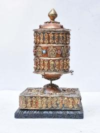 Buddhist Handmade Brass Table Prayer Wheel On Wooden Base With Ashtamangala, Stone Setting
