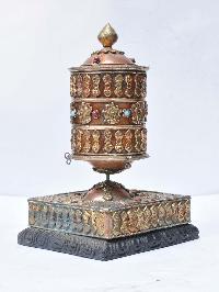 Buddhist Handmade Brass Table Prayer Wheel On Wooden Base With Ashtamangala, Stone Setting