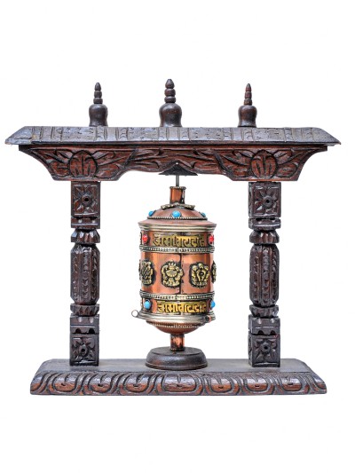 Buddhist Handmade Brass Prayer Wheel On Wooden Frame With Ashtamangala And Mantra, Stone Setting