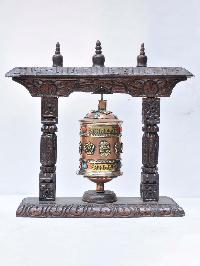 Buddhist Handmade Brass Prayer Wheel On Wooden Frame With Ashtamangala And Mantra, Stone Setting