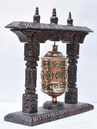 Buddhist Handmade Brass Prayer Wheel On Wooden Frame With Ashtamangala And Mantra, Stone Setting