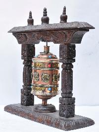 Buddhist Handmade Brass Prayer Wheel On Wooden Frame With Ashtamangala And Mantra, Stone Setting