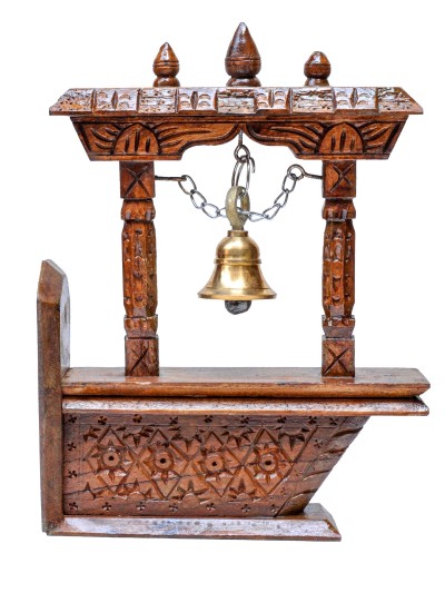 Buddhist Handmade Traditional Wall Bell On Wooden Frame With Carved Design