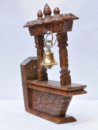 Buddhist Handmade Traditional Wall Bell On Wooden Frame With Carved Design