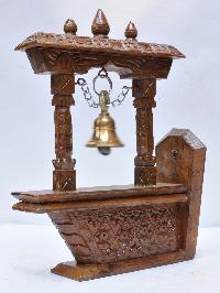 Buddhist Handmade Traditional Wall Bell On Wooden Frame With Carved Design