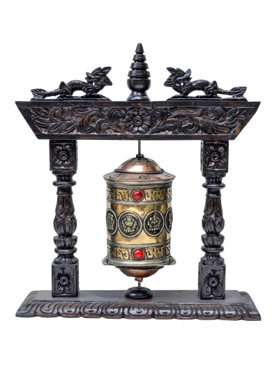 Buddhist Handmade Brass Prayer Wheel On Wooden Frame With Ashtamangala And Mantra, Stone Setting