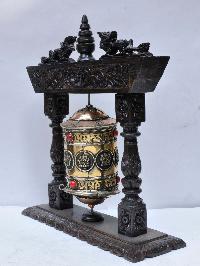 Buddhist Handmade Brass Prayer Wheel On Wooden Frame With Ashtamangala And Mantra, Stone Setting