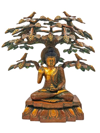 Buddhist Statue Of Amoghasiddhi Buddha, Or Blessing Buddha, Under Tree, [sand Casting], [chocolate Oxidized]