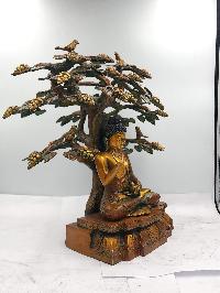 Buddhist Statue Of Amoghasiddhi Buddha, Or Blessing Buddha, Under Tree, [sand Casting], [chocolate Oxidized]