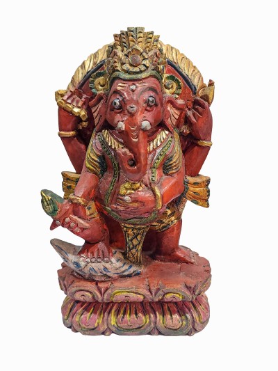 Buddhist Handmade Wooden Statue Of Ganesh, Thangka Colour Finishing, [karma Wood]