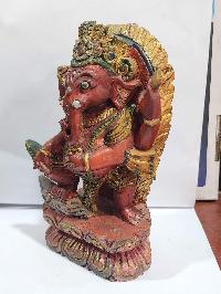 Buddhist Handmade Wooden Statue Of Ganesh, Thangka Colour Finishing, [karma Wood]