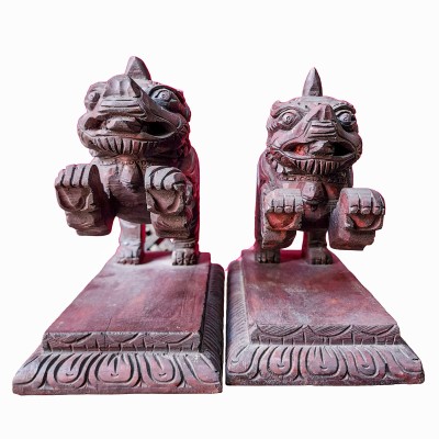 Buddhist Handmade Wooden Statue Of Temple Lion, [set], [karma Wood]