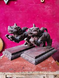 Buddhist Handmade Wooden Statue Of Temple Lion, [set], [karma Wood]