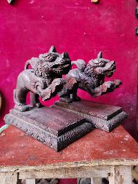 Buddhist Handmade Wooden Statue Of Temple Lion, [set], [karma Wood]