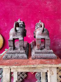 Buddhist Handmade Wooden Statue Of Temple Lion, [set], [karma Wood]