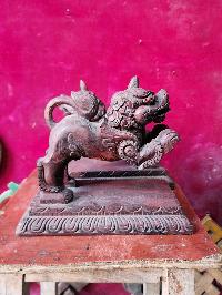 Buddhist Handmade Wooden Statue Of Temple Lion, [set], [karma Wood]