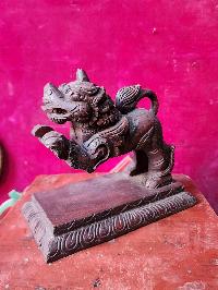 Buddhist Handmade Wooden Statue Of Temple Lion, [set], [karma Wood]