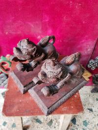 Buddhist Handmade Wooden Statue Of Temple Lion, [set], [karma Wood]