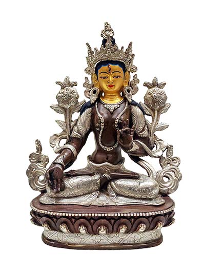 Buddhist Handmade Statue Of White Tara, [silver Plated And Chocolate Oxidized], [face Painted]