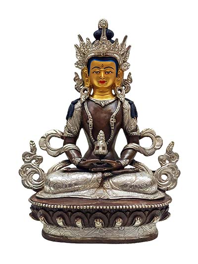 Buddhist Handmade Statue Of Aparimita, [silver Plated And Chocolate Oxidized], [face Painted], Amitayus, Chepame
