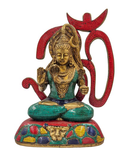 Nepali Statue Of Shiva Or Mahadev, With Om In Back Ground [sand Casting], Stone Setting